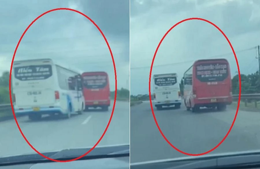 Hình ảnh hai xe khách liên tục đánh võng, chèn ép nhau trên cao tốc. Ảnh cắt từ clip Hình ảnh hai xe khách liên tục đánh võng, chèn ép nhau trên cao tốc. Ảnh cắt từ clip