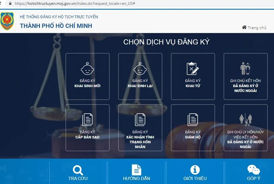 Giao diện đăng ký kết hôn, khai sinh trực tuyến. Ảnh chụp màn hình
