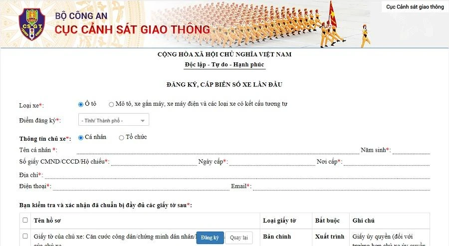 Giao diện đăng ký xe trực tuyến trên website của Cục CSGT Bộ Công an. Ảnh chụp màn hình