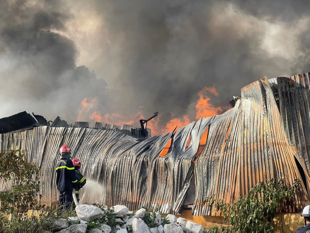 Ngọn lửa bao trùm khu nhà xưởng. Ảnh: H.DŨNG