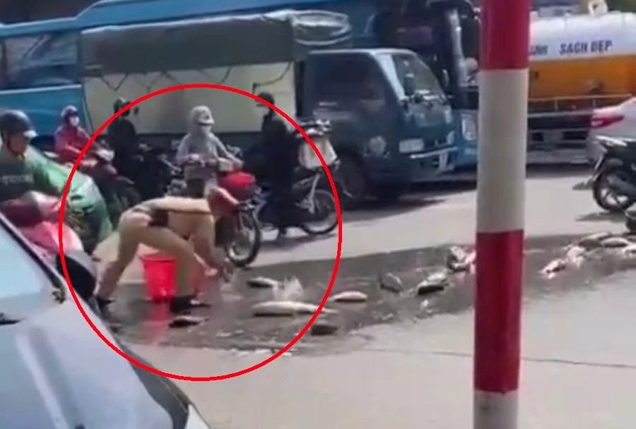 CSGT nhặt cá bị đổ ra đường giúp người dân. Ảnh cắt từ clip