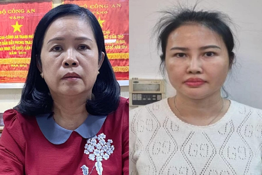 Bị can Bùi Thị Lệ Phi - cựu giám đốc Sở Y tế Cần Thơ (trái) và Hoàng Thị Thúy Nga - Chủ tịch Hội đồng sáng lập NSJ Group. Ảnh: CACC