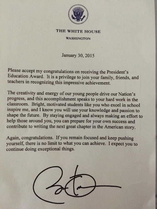 Bức thư từ Tổng thống Obama gửi cho Đỗ Nhật Nam.