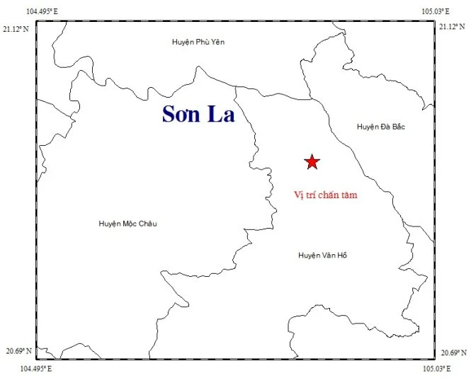Vị trí xảy ra động đất tại huyện Vân Hồ, tỉnh Sơn La- ảnh Trung tâm báo tin động đất và cảnh báo sóng thần