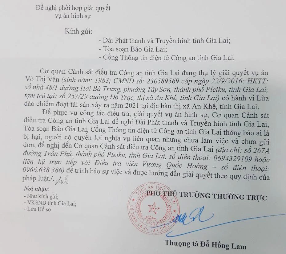 Cơ quan CSĐT Công an tỉnh Gia Lai phát thông báo ai là bị hại, đến trình báo để được hướng dẫn giải quyết theo quy định pháp luật.
