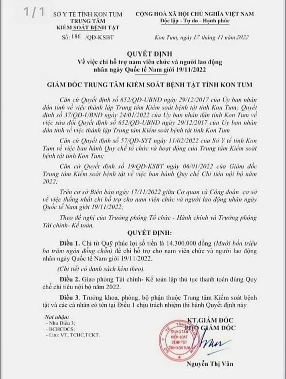 Quyết định chi hỗ trợ ngày Quốc tế Nam giới của CDC Kon Tum. Ảnh: LK