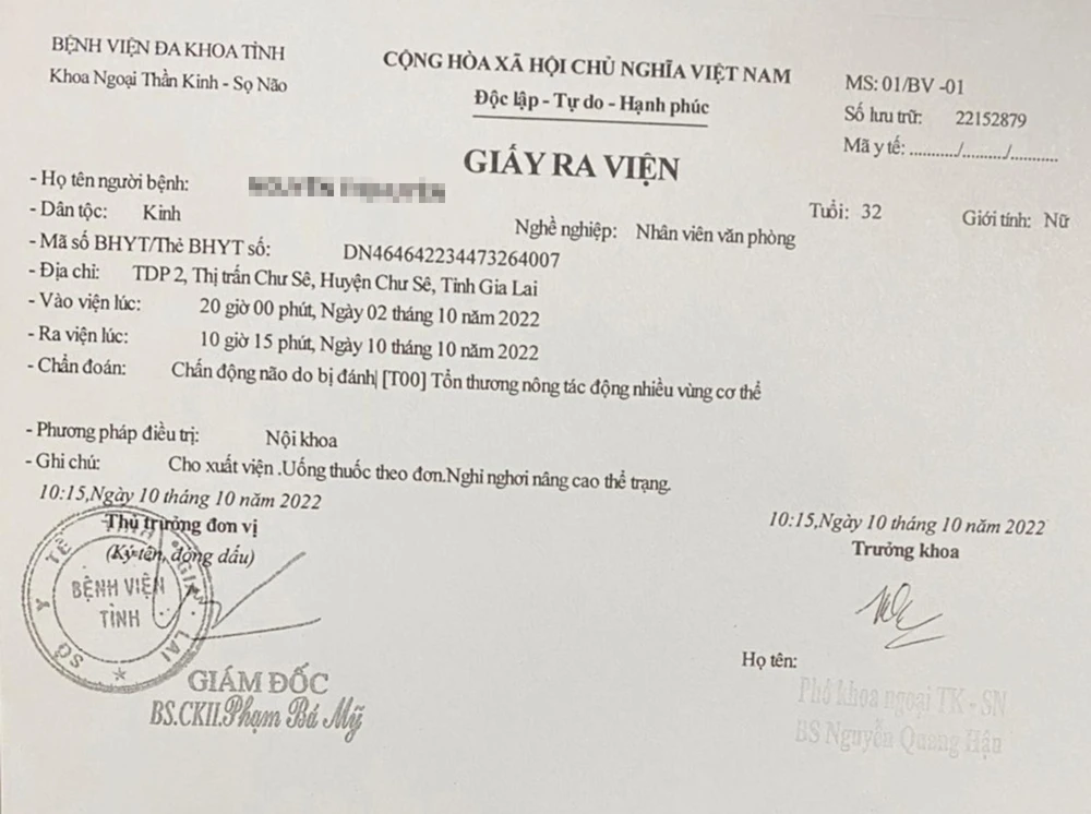 Giấy ra viện của bà H. Ảnh: NVCC