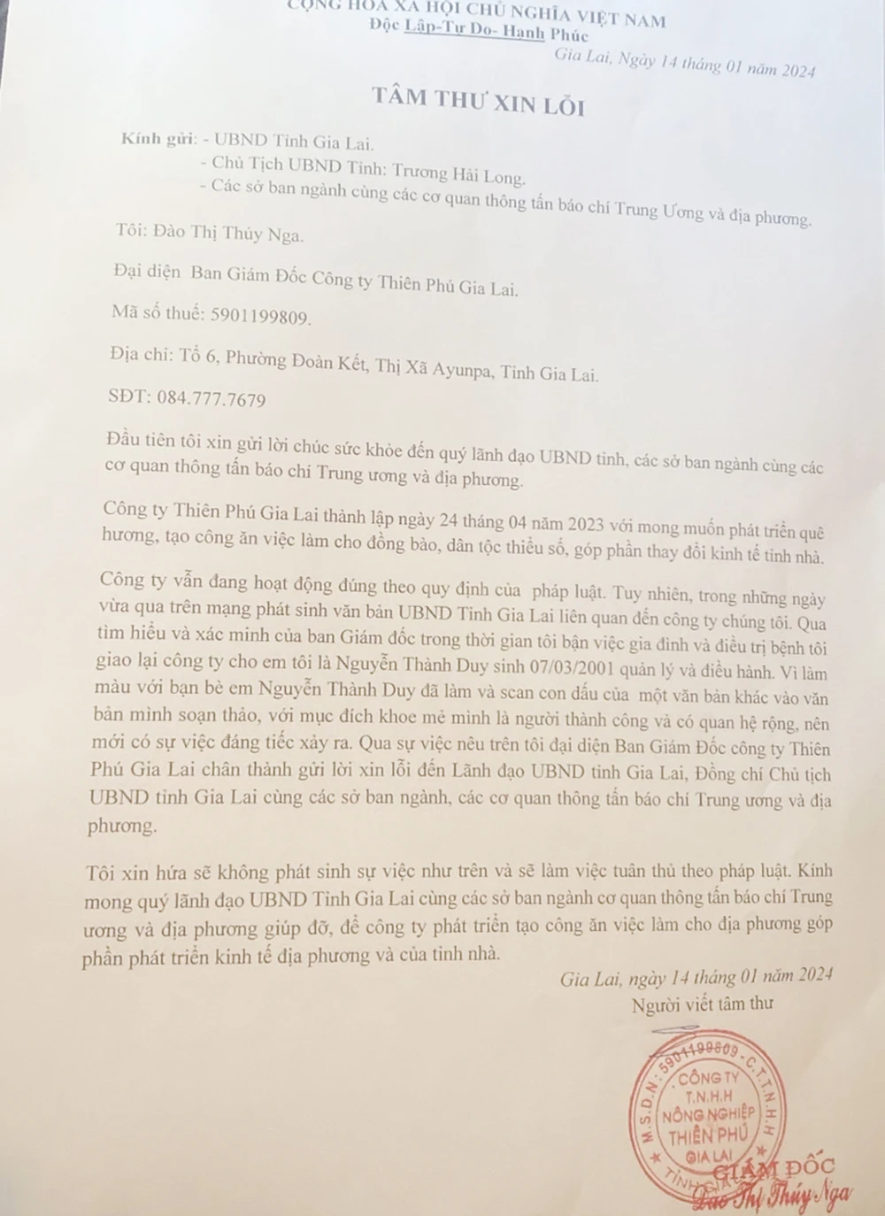 Tâm thư xin lỗi giả mạo