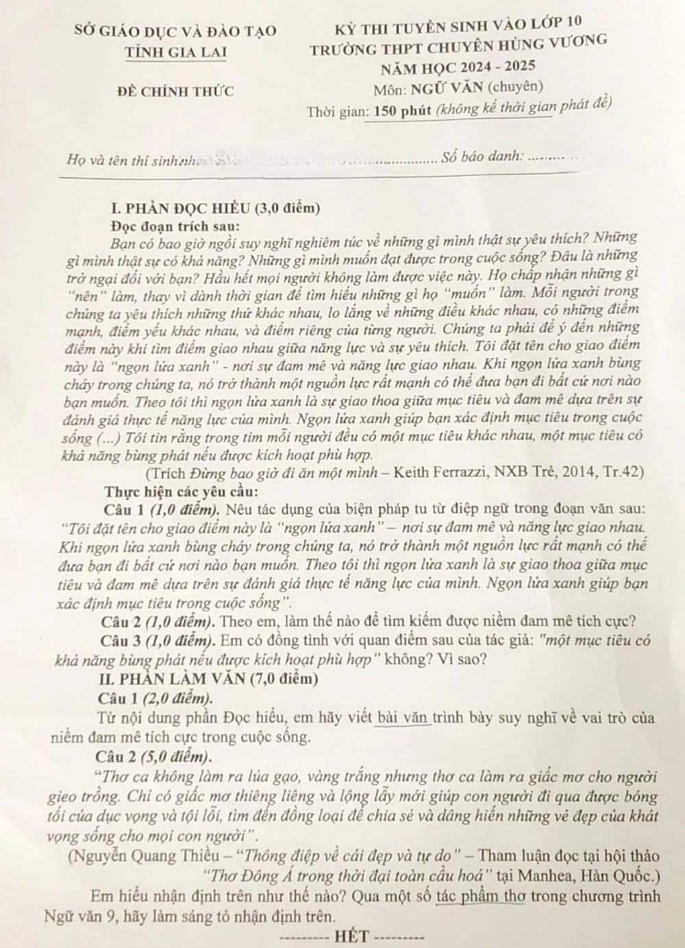 Đề thi ngữ văn vào lớp 10 trường chuyên Hùng Vương Gia Lai