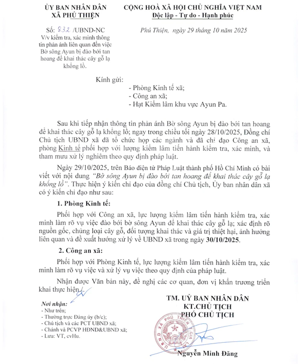 Sở NN&MT tỉnh Gia Lai sẽ phối hợp với UBND xã Phú Thiện vào cuộc xác minh, làm rõ hành vi phá nát bờ sông và hoa màu của dân để vớt cây gỗ lạ.