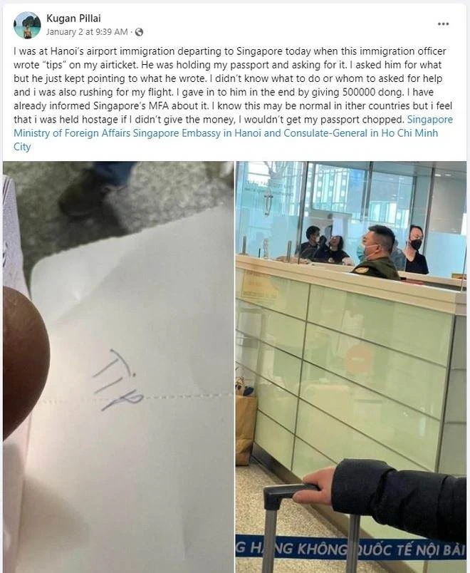 Du khách tố trên facebook việc bị nhân viên xuất nhập cảnh đòi tiền tip tại sân bay Nội Bài. Du khách tố trên facebook việc bị nhân viên xuất nhập cảnh đòi tiền tip tại sân bay Nội Bài.