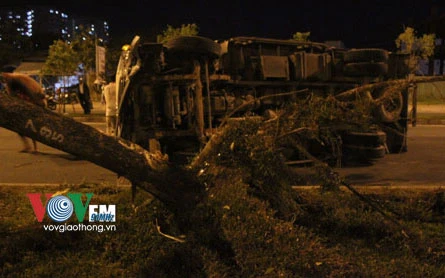 Xe tải đâm bật gốc cây xanh, lật ngang đường ảnh 2