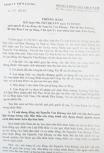 UBKT Trung ương kết luận về đơn tố cáo chủ tịch Tiền Giang ảnh 2