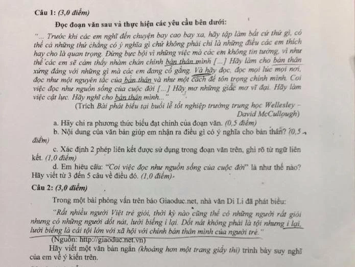 Trích đề thi Học kỳ 2 môn văn lớp 9 của Phòng Giáo dục quận 1.