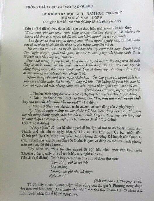 Đề kiểm tra Học kỳ 2 môn văn lớp 9 của Phòng Giáo dục quận 8