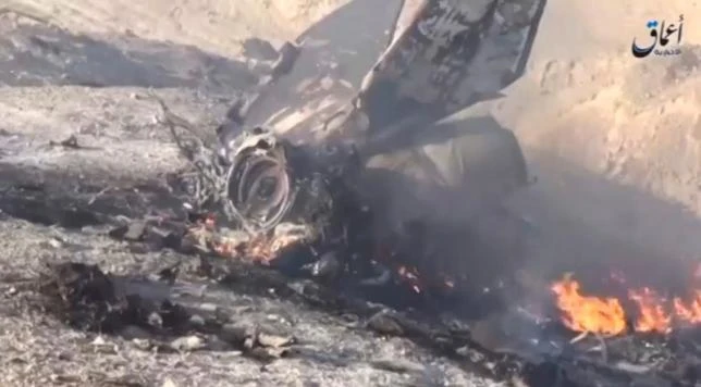 Trang tin Amaq công bố những hình ảnh của chiếc chiến đấu cơ Syria bị bắn rơi. Ảnh: Reuters