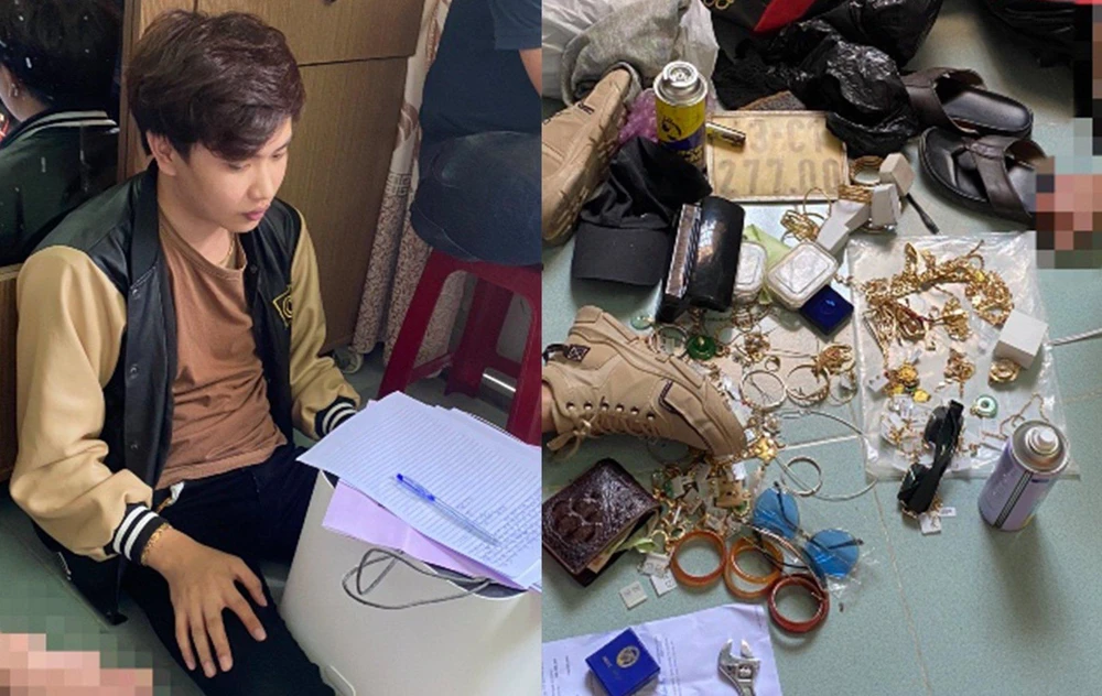 Trần Nhật Minh cùng tang vật vụ án. Ảnh: CA