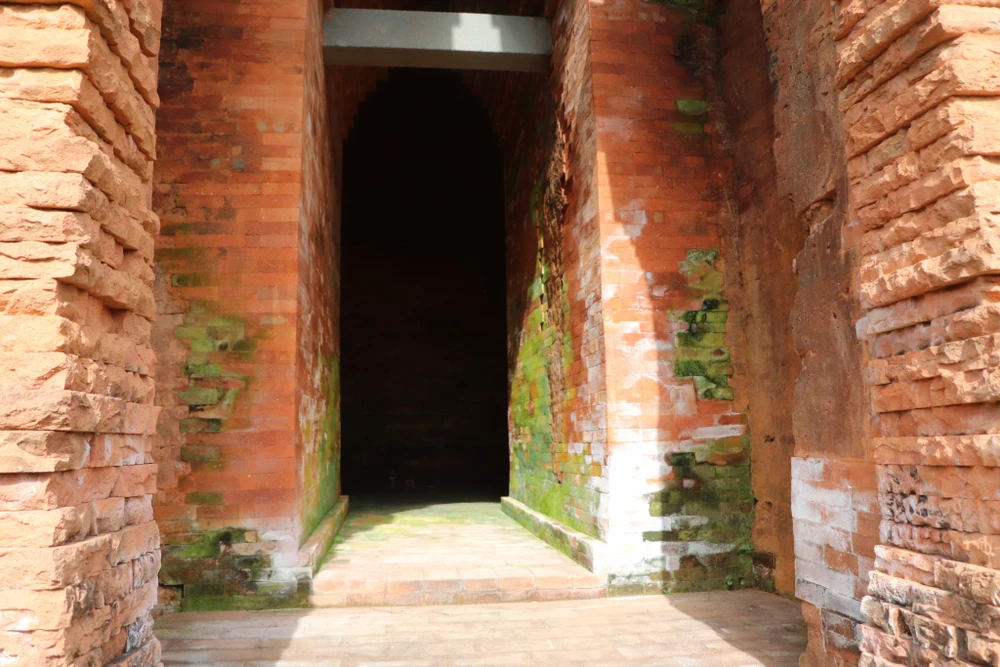 Hiện tượng vệt trắng, rêu xanh xuất hiện nhiều ở Tháp Giữa. Ảnh: TN