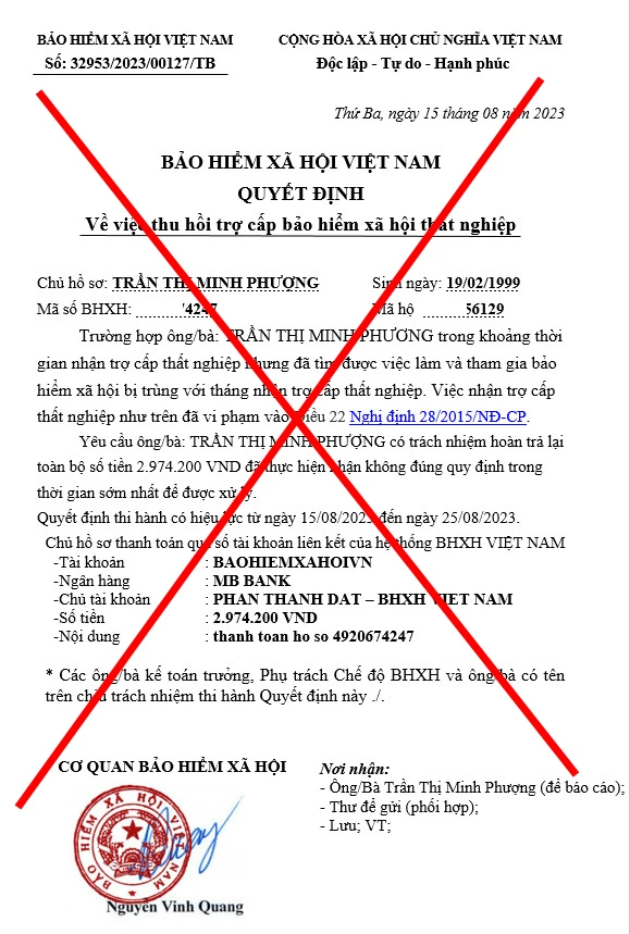 Quyết định giả do kẻ xấu tạo ra để lừa người lao động. Ảnh: BHXH