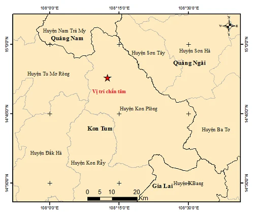 Động đất ở Kon Tum (hình ảnh tâm chấn trận thứ 2 trong ngày), rung lắc tới TP Đà Nẵng, Hội An. Ảnh: Viện Vật lý địa cầu.