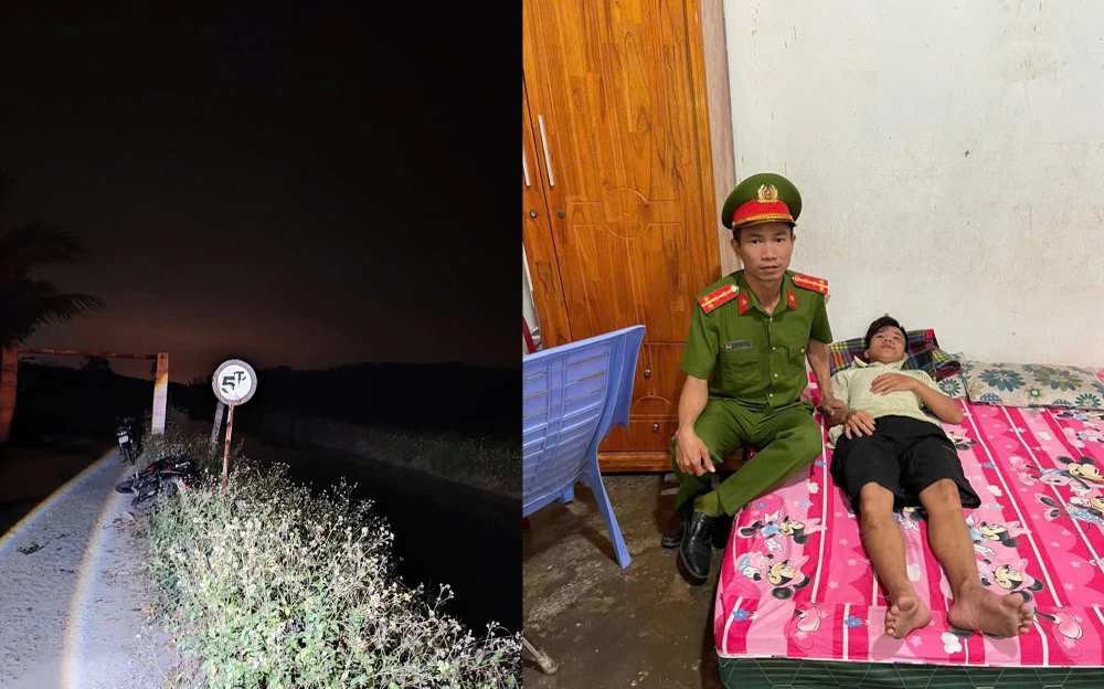 Đi xe máy bị rơi xuống kênh, thanh niên may mắn được công an tuần tra phát hiện. Ảnh: CA
