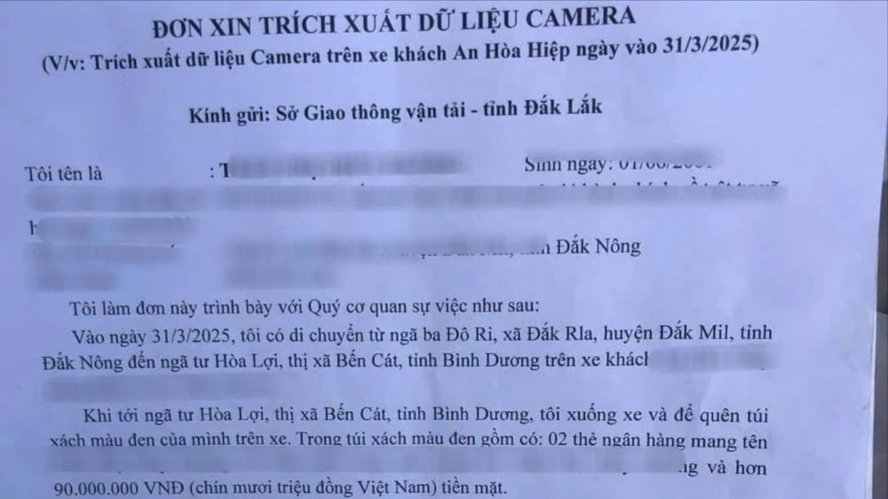 Đơn xin trích xuất dữ liệu camera của chị D gửi Sở Xây dựng Đắk Lắk. Ảnh: N.D