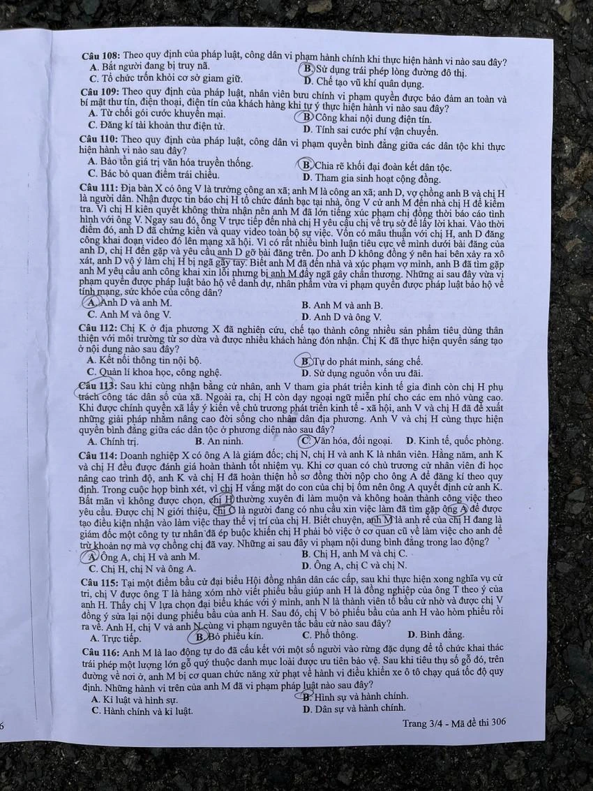 Đề thi GDCD với câu hỏi tình huống pháp lý khá dài