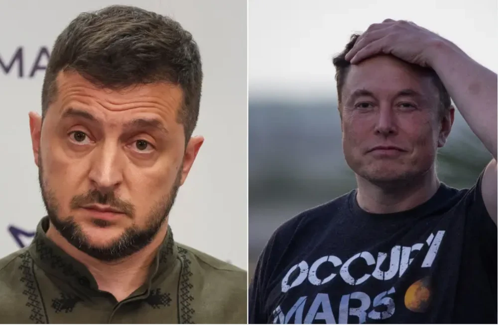 Tổng thống Ukraine - ông Volodymyr Zelensky (trái) và tỉ phú Elon Musk. Ảnh: REUTERS