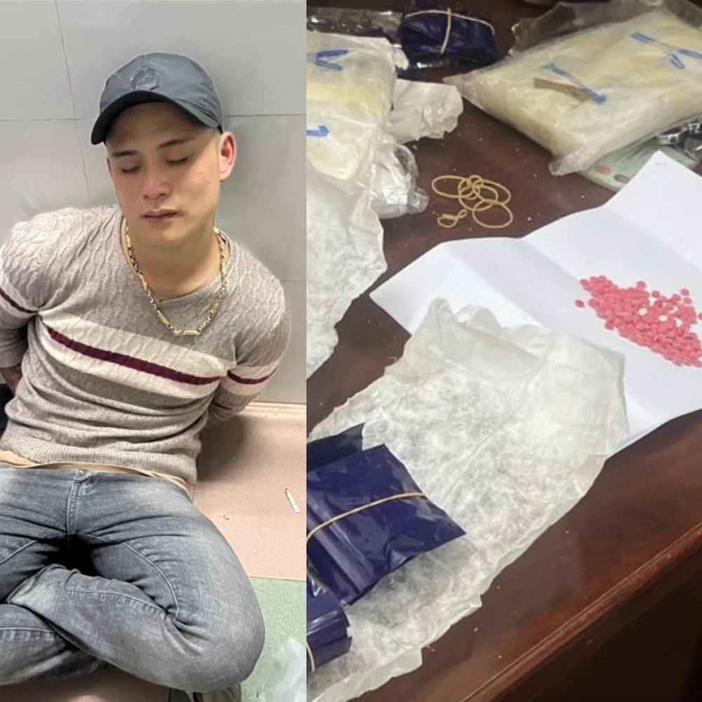 Nguyễn Tiến Tùng cùng số ma tuý bị bắt.Ảnh: CA