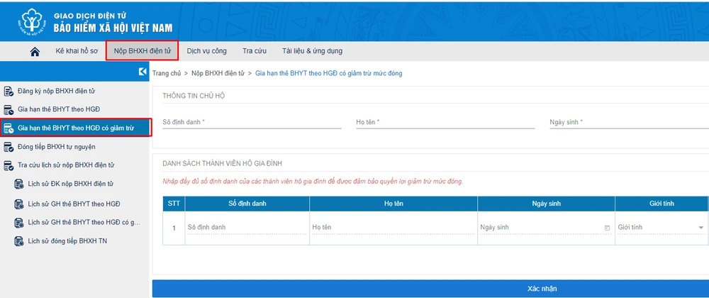 Màn hình nhập thông tin gia hạn thẻ BHYT