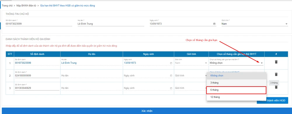 Màn hình chọn số tháng cần gia hạn.