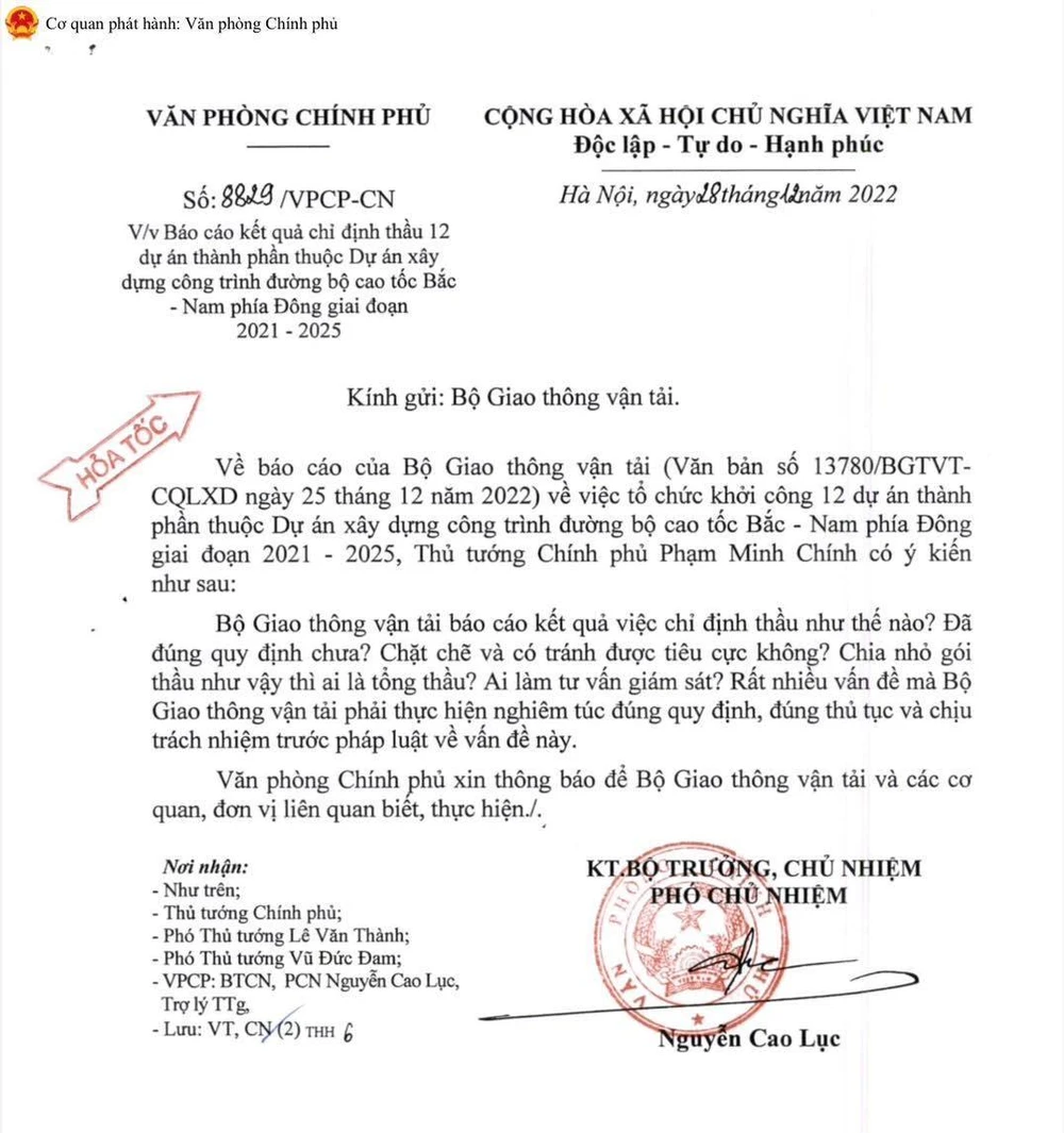 Văn bản truyền đạt ý kiến của Thủ tướng.