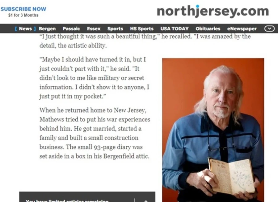 Hình ảnh người cựu binh Mỹ Peter Mathews trên tờ báo Mỹ. Ảnh chụp màn hình
