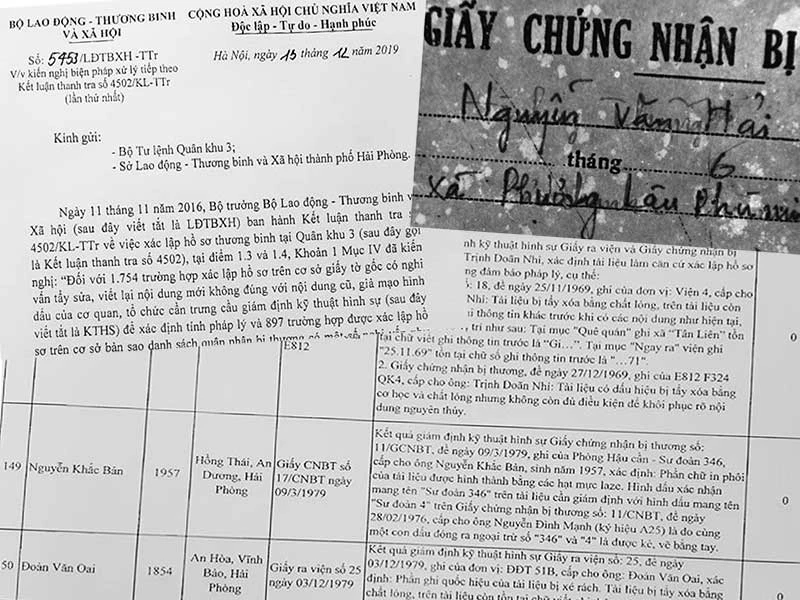 Kết quả giám định kỹ thuật hình sự cho thấy nhiều hồ sơ hưởng thương binh bị tẩy xóa. Ảnh: V.LONG