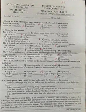 Đề kiểm tra môn Tiếng Anh học kỳ 1 ở tỉnh Đắk Lắk bị lộ
