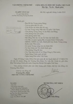 Văn bản giới thiệu chữ ký của Phó Thủ tướng Chính phủ Trương Hòa Bình.