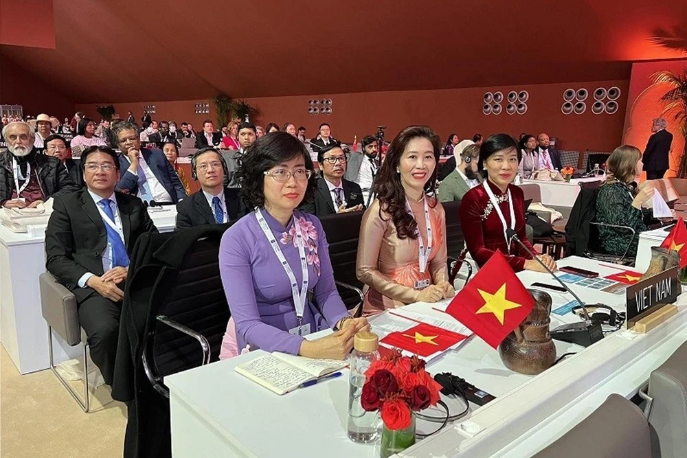 Đoàn Việt Nam tại kỳ họp của Ủy ban Liên chính phủ Công ước 2003 về bảo vệ Di sản văn hóa phi vật thể lần thứ 17 của UNESCO diễn ra tại Rabat, thủ đô của Vương quốc Ma-rốc (Ảnh do thành viên trong đoàn gửi về từ Ma-rốc)