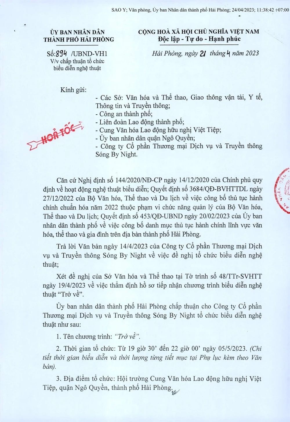 Công văn chấp thuận chương trình Trở về tại Hội trường Cung Văn hóa Lao động hữu nghị Việt Tiệp, ngày 5-5-2023.