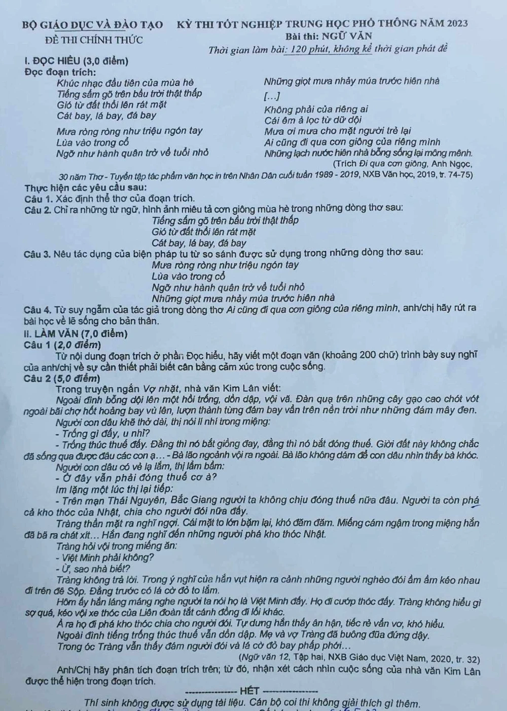 Đề thi môn Ngữ văn sáng 28-6.