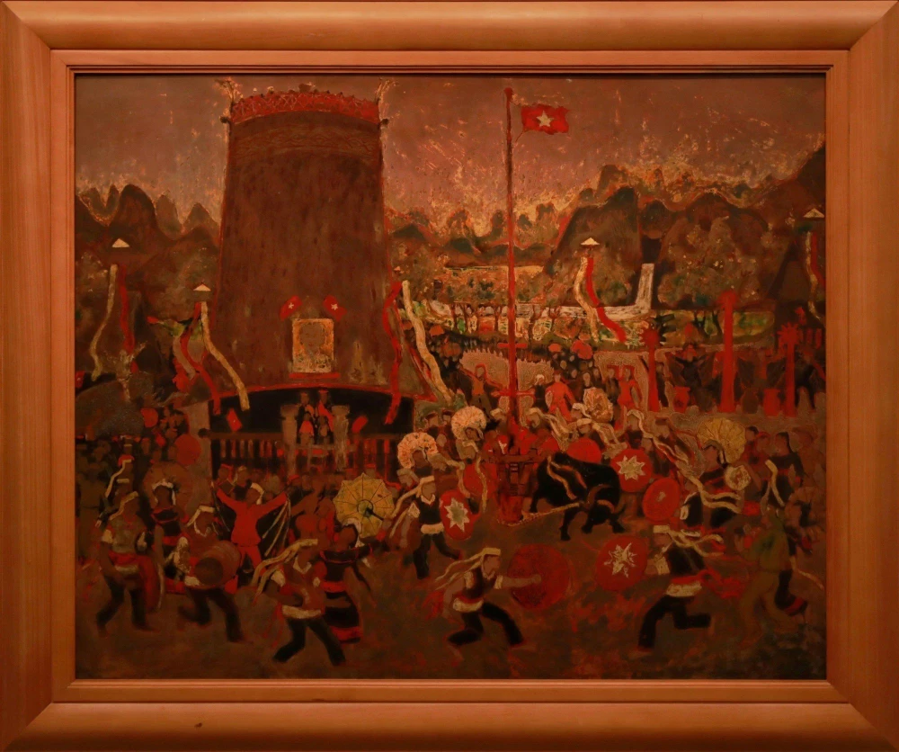 Tác phẩm "Bình minh trên núi rừng Tây Nguyên" của họa sĩ Xu Man (chất liệu Sơn mài, 1975). Ảnh: Bảo tàng Mỹ thuật Việt Nam