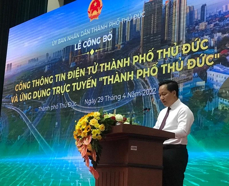 Chủ tịch UBND TP Thủ Đức Hoàng Tùng phát biểu tại lễ công bố. Ảnh: THANH TUYỀN