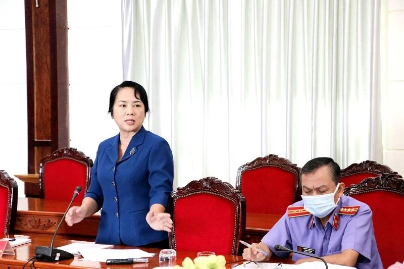 Chủ tịch Ủy ban MTTQ Việt Nam TP.HCM, ĐBQH Trần Kim Yến góp ý tại hội thảo. Ảnh: THANH TUYỀN