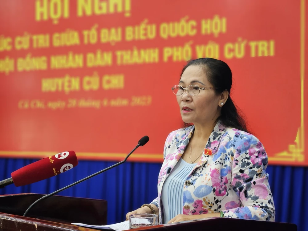 Chủ tịch HĐND TP.HCM Nguyễn Thị Lệ trao đổi với cử tri. Ảnh: THANH THUỲ