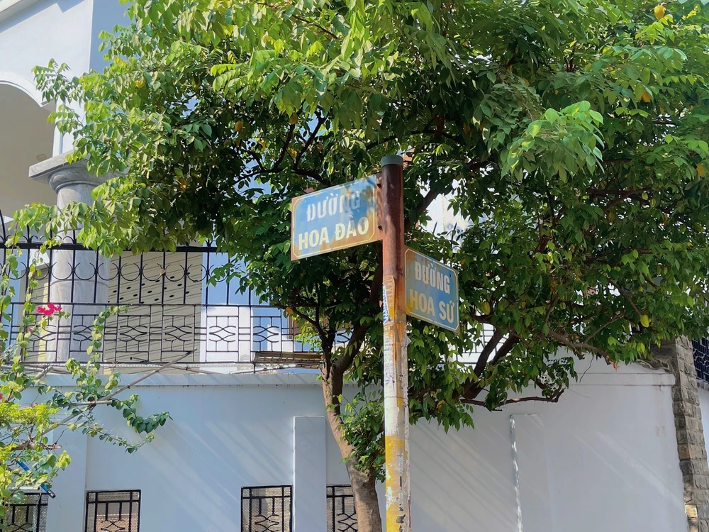 Đường Hoa Đào - Hoa Sứ nổi tiếng tại cụm đường có tên các loài hoa tại quận Phú Nhuận. Ảnh: THUỶ TÂM