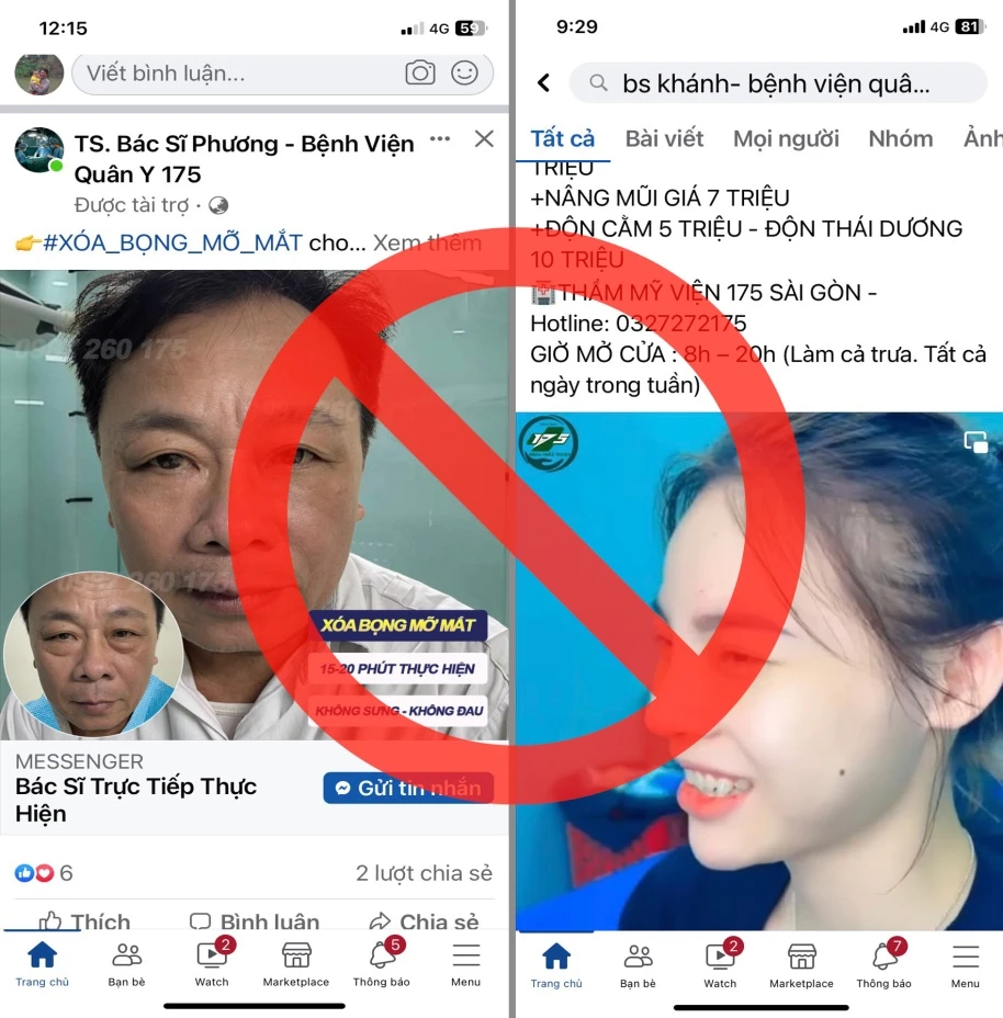 Một số trang sử dụng trái phép logo, hình ảnh bác sĩ, thương hiệu Bệnh viện Quân y 175. Ảnh: BVCC