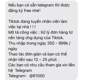 Tin nhắn lừa đảo trực tuyến rủ rê người dùng chuyển qua Telegram.