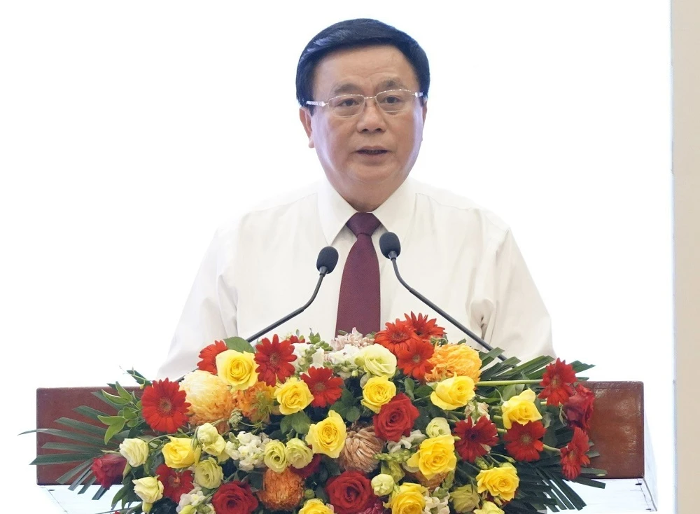 Giám đốc Học viện Chính trị Quốc gia Hồ Chí Minh, Chủ tịch Hội đồng Lý luận Trung ương Nguyễn Xuân Thắng phát biểu.