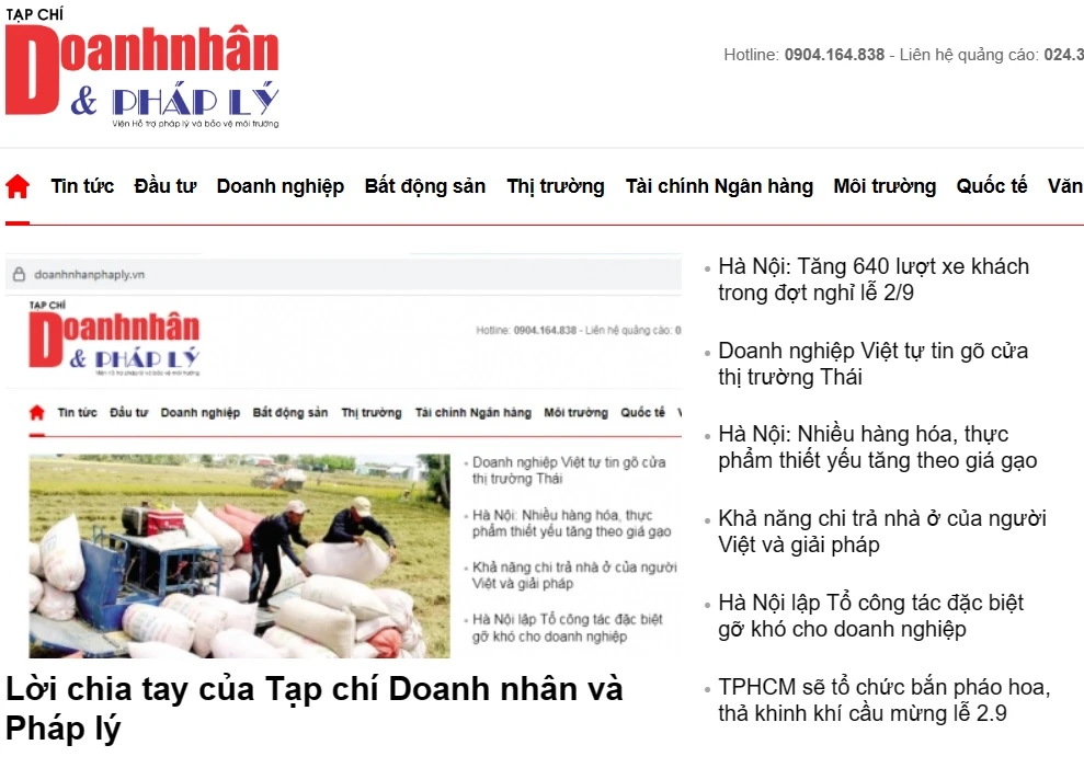 Trang chủ của Tạp chí Doanh nhân và Pháp lý. Ảnh chụp màn hình.