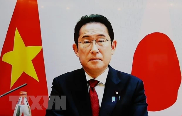 Chủ tịch Đảng Dân chủ Tự do Nhật Bản (LDP), Thủ tướng Nhật Bản Kishida Fumio điện đàm với Tổng Bí thư Nguyễn Phú Trọng. (Ảnh: Trí Dũng/TTXVN)