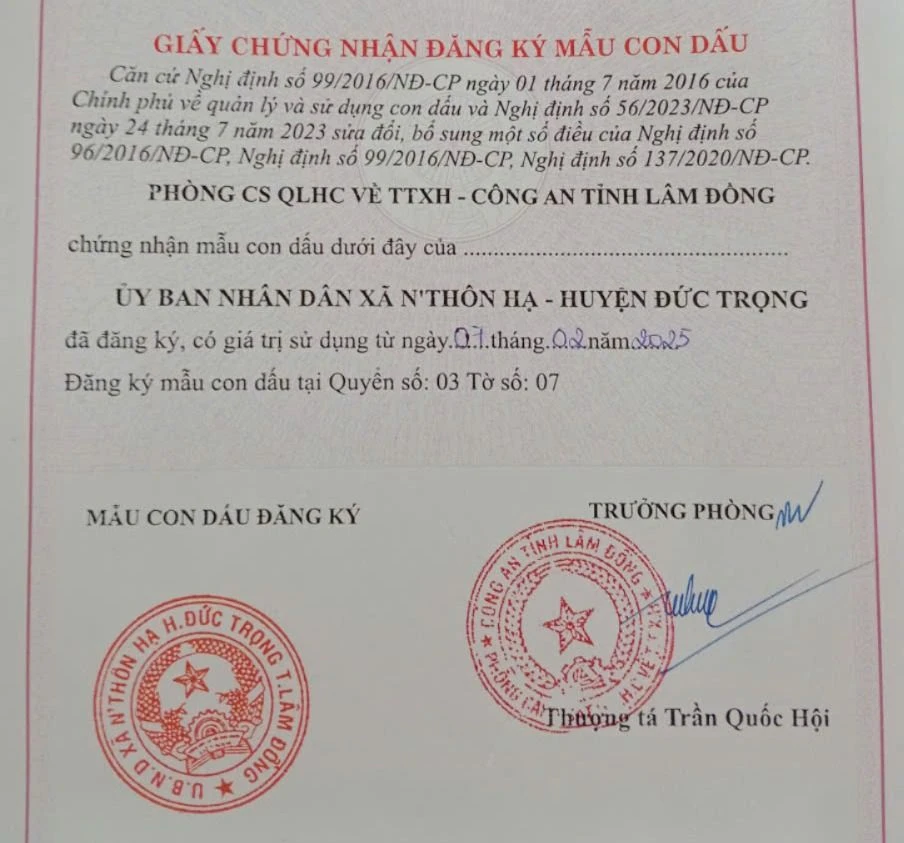 UBND xã N’Thôn Hạ đã có con dấu